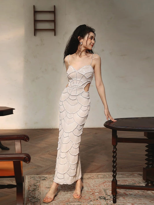 dollytang Duojia heavy industry beaded suspender dress niche sexy hollow waist party dress
