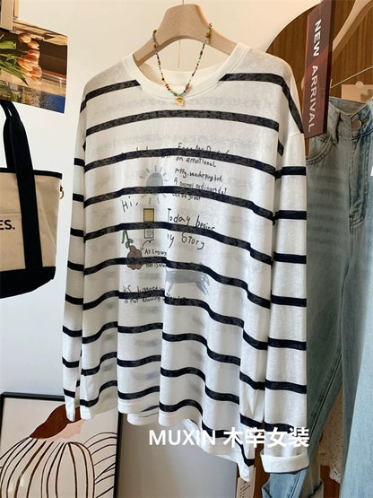 Summer refreshing black and white striped holiday casual style long sleeve loose thin women's Korean version loose sun protection T-shirt