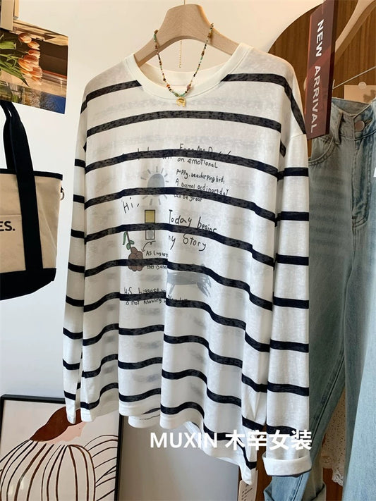 Summer refreshing black and white striped holiday casual style long sleeve loose thin women's Korean version loose sun protection T-shirt