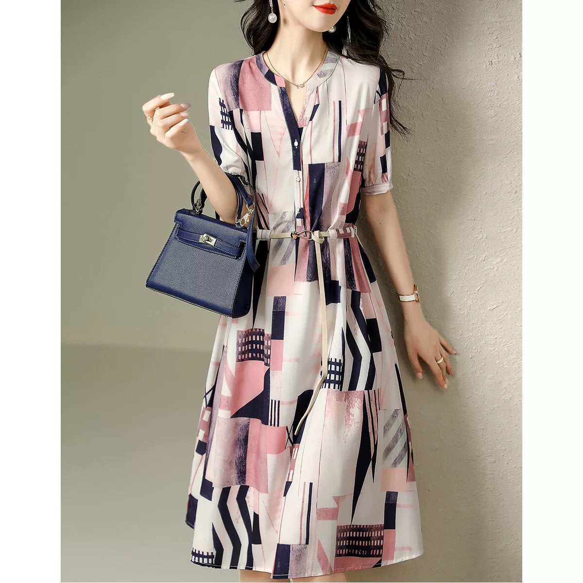 Pin Gedi's new 2024 summer French imitation silk OL style shirt dress for women's commuting high-end mid-length skirt