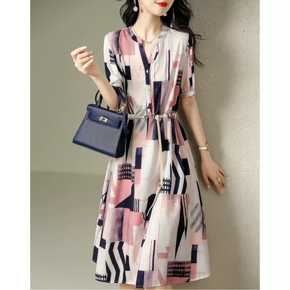 Pin Gedi's new 2024 summer French imitation silk OL style shirt dress for women's commuting high-end mid-length skirt