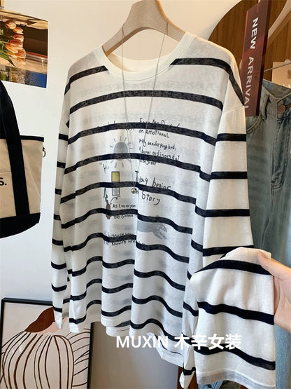Summer refreshing black and white striped holiday casual style long sleeve loose thin women's Korean version loose sun protection T-shirt
