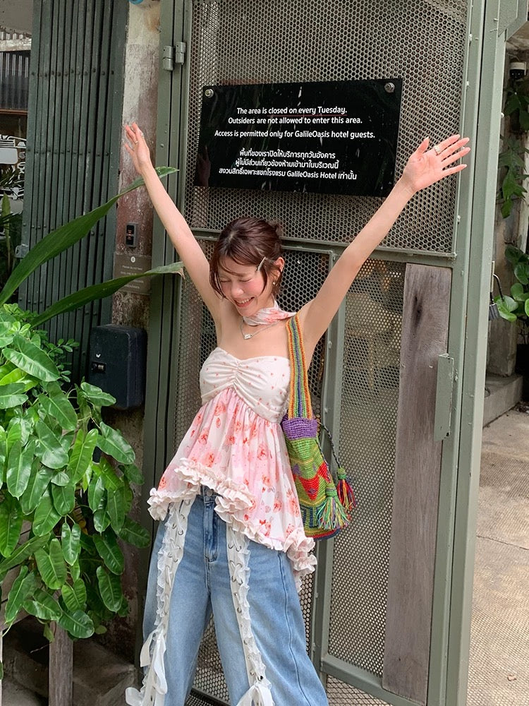 DULA Nanyang Holiday/Floral Chiffon Tube Top Women's Summer Irregular Skirt Wood Ear Edge Scarf Top
