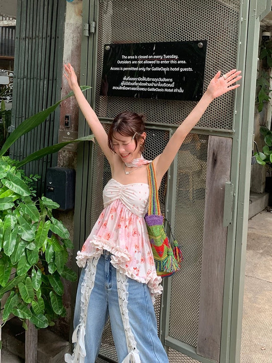 DULA Nanyang Holiday/Floral Chiffon Tube Top Women's Summer Irregular Skirt Wood Ear Edge Scarf Top