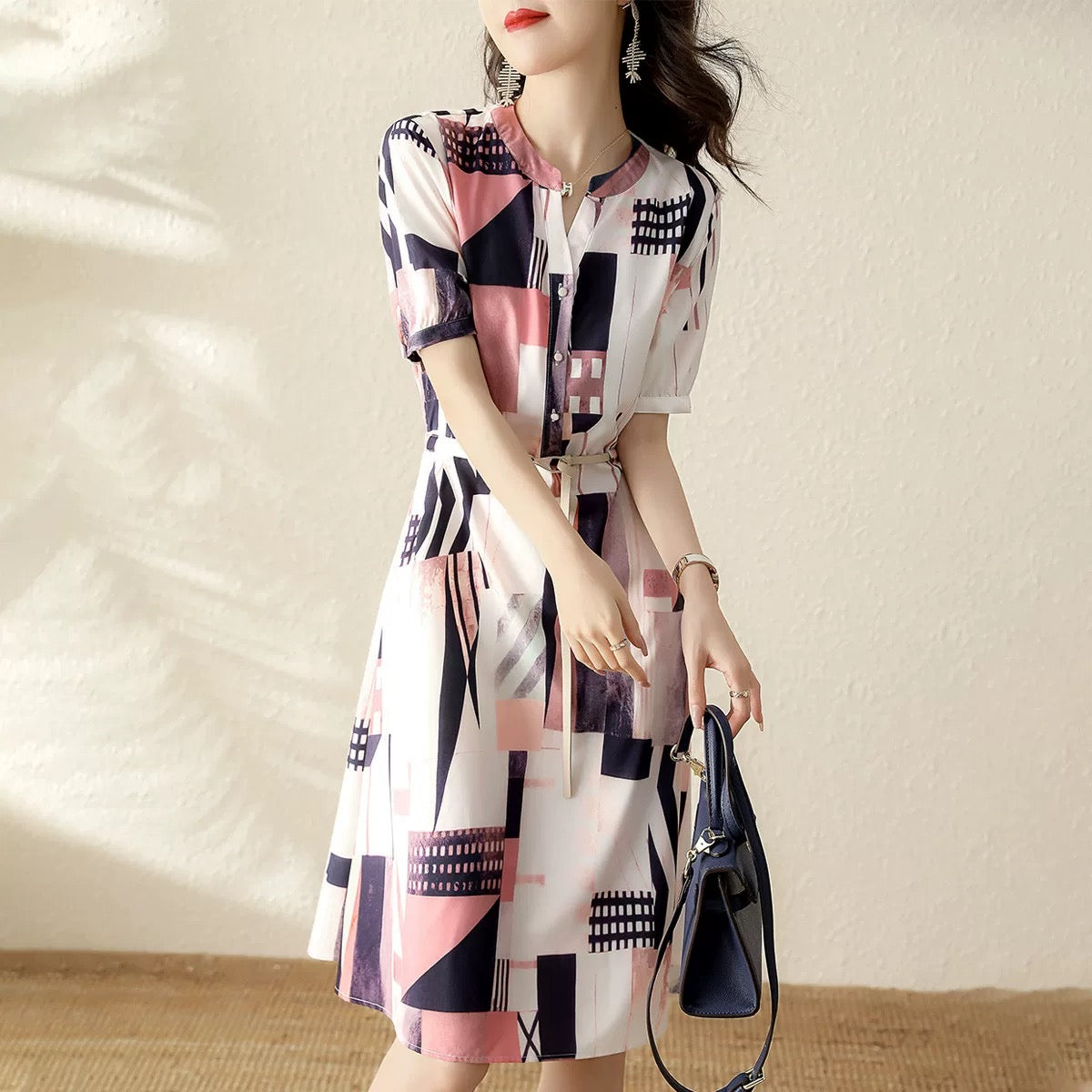 Pin Gedi's new 2024 summer French imitation silk OL style shirt dress for women's commuting high-end mid-length skirt
