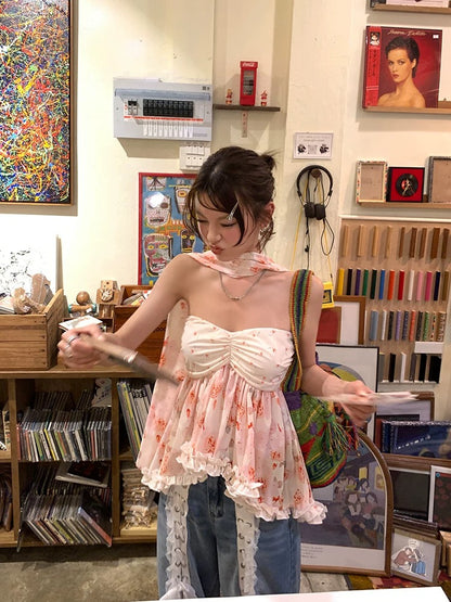 DULA Nanyang Holiday/Floral Chiffon Tube Top Women's Summer Irregular Skirt Wood Ear Edge Scarf Top