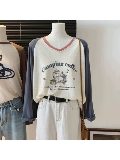 Coffee print color matching raglan long sleeve snowflake cotton loose summer and autumn sun protection thin T-shirt Korean fashion
