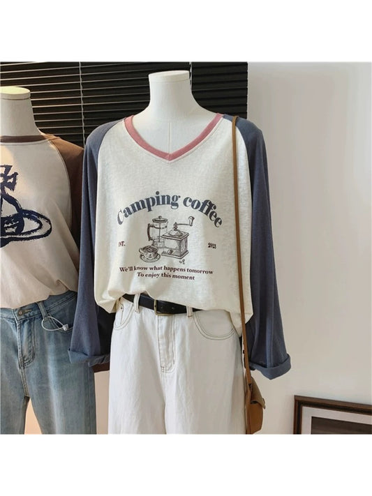 Coffee print color matching raglan long sleeve snowflake cotton loose summer and autumn sun protection thin T-shirt Korean fashion