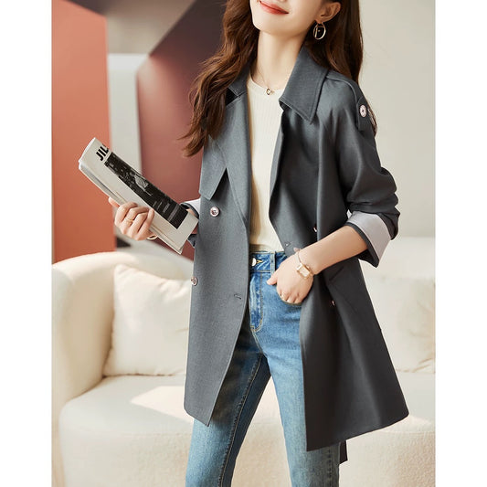 XWI/Xinwei slim lace-up mid-length windbreaker for women 2024 autumn and winter new style simple and high-end coat