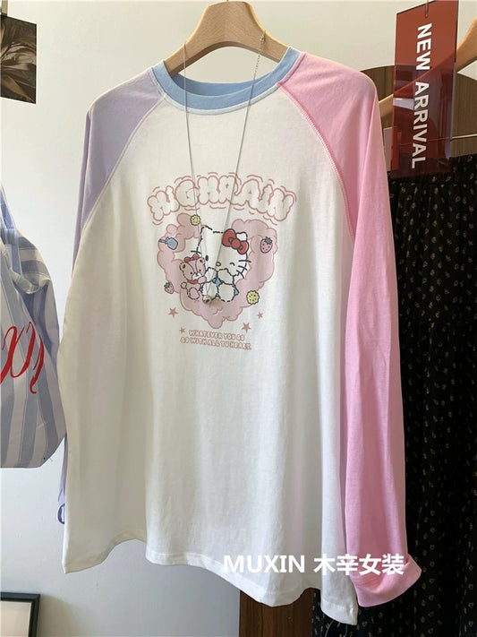 Cat cartoon print summer thin color matching raglan sleeve sun protection long sleeve top Korean style youth casual T-shirt