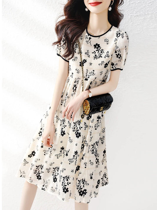 Genuine white-collar brother new 2024 summer new style small temperament printed floral chiffon dress women's skirt