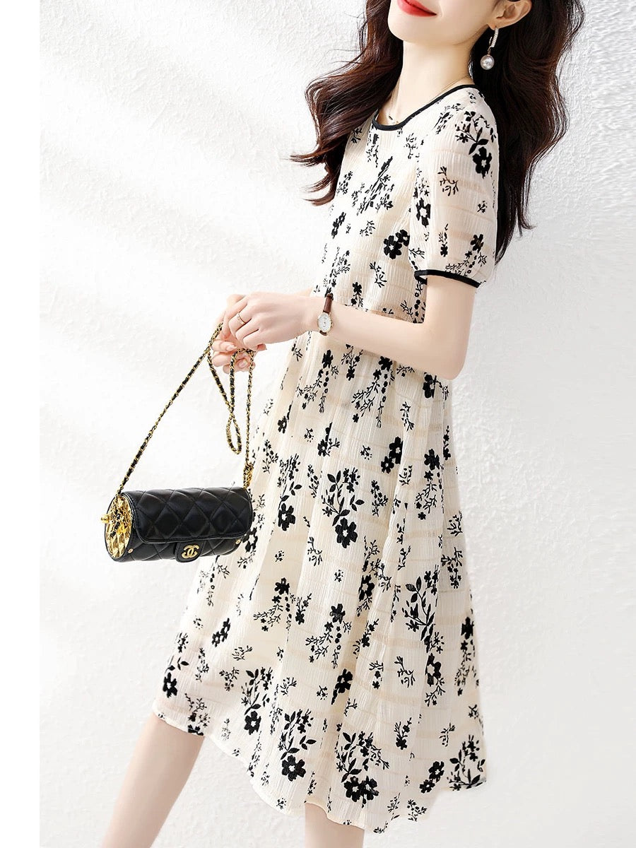Genuine white-collar brother new 2024 summer new style small temperament printed floral chiffon dress women's skirt