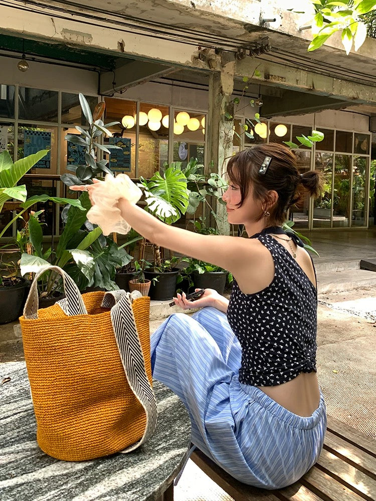 DULA Millennial Hottie/Flower Ribbon Floral One-shoulder Vest Women's Summer Slim Fit Outerwear Short Top