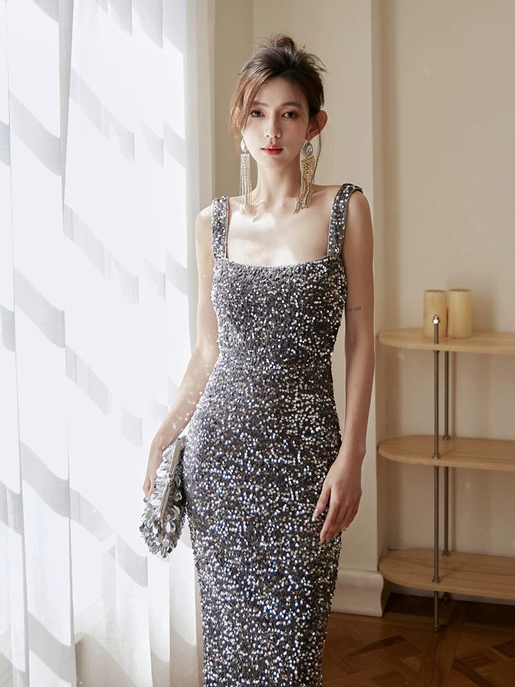 DOLLYTANG Duojia starry sky gray high-end sequined dress that shows your figure, square neck and hip-hugging daily dress