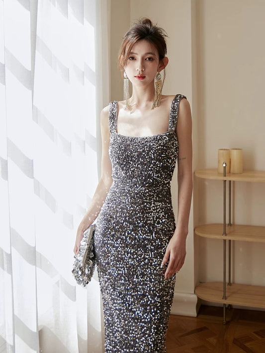 DOLLYTANG Duojia starry sky gray high-end sequined dress that shows your figure, square neck and hip-hugging daily dress