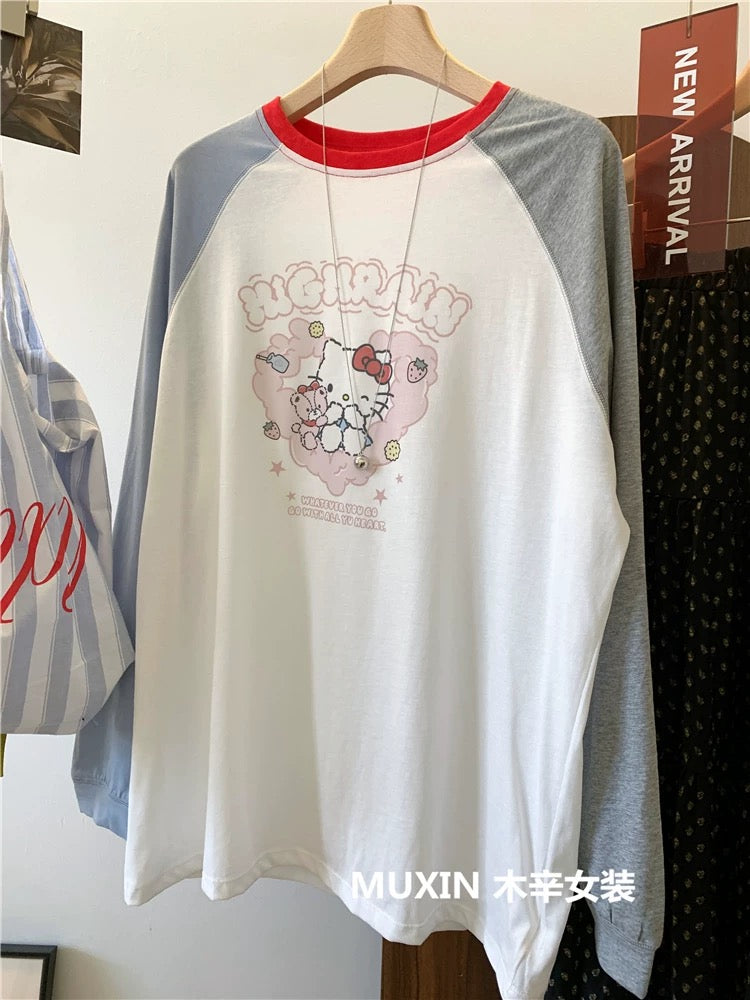 Cat cartoon print summer thin color matching raglan sleeve sun protection long sleeve top Korean style youth casual T-shirt