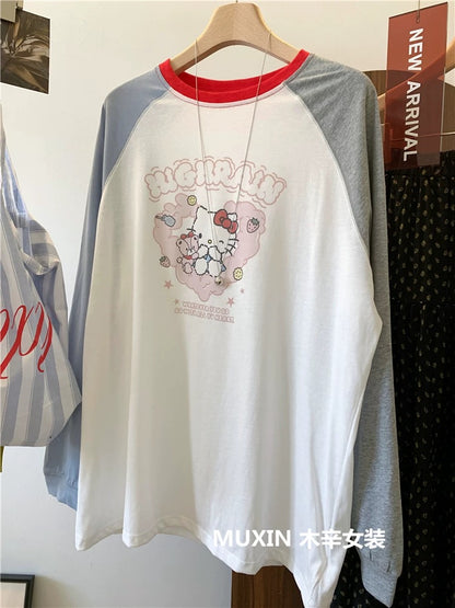 Cat cartoon print summer thin color matching raglan sleeve sun protection long sleeve top Korean style youth casual T-shirt