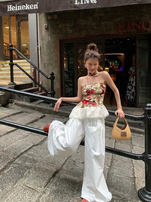 DULA Flower Holiday Song/Floral Ruffle Hot Girl Tube Top Vest Summer Slim Ribbon Top