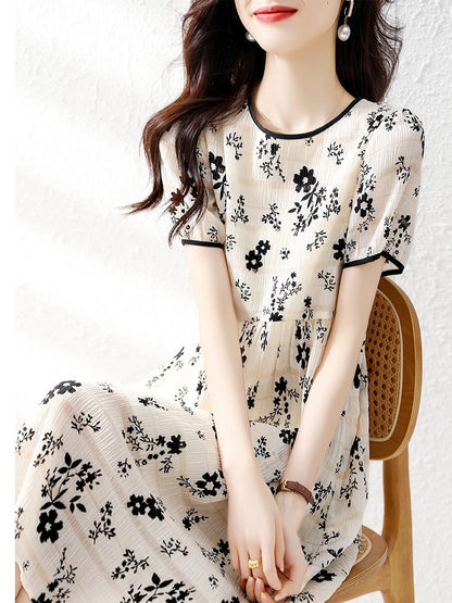 Genuine white-collar brother new 2024 summer new style small temperament printed floral chiffon dress women's skirt