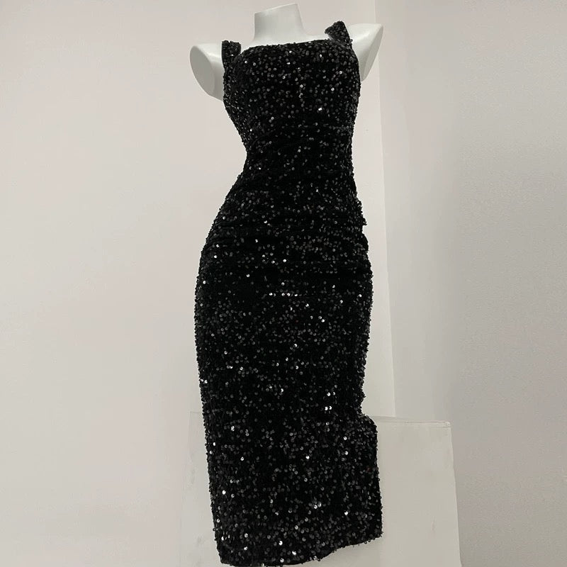 DOLLYTANG Duojia starry sky gray high-end sequined dress that shows your figure, square neck and hip-hugging daily dress