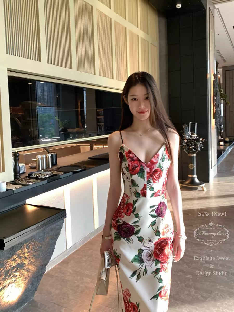 MummyCat Laying Egg Cat [Floralism] 26 New Arrival French Retro Print Suspender Bodycon Dress