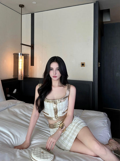 For Fay Platinum Xiaoxiang sequined small fragrance style camisole short skirt women slimming high-end suit