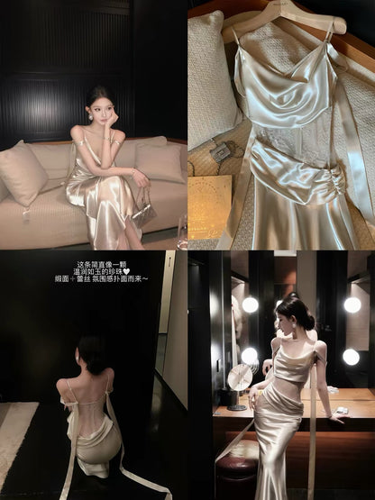 JAYKY YANG "Moonlight Glaze" – Women's Satin Maxi Dress featuring a cowl neck, lace camisole-style bodice, and flattering ruched detailing.