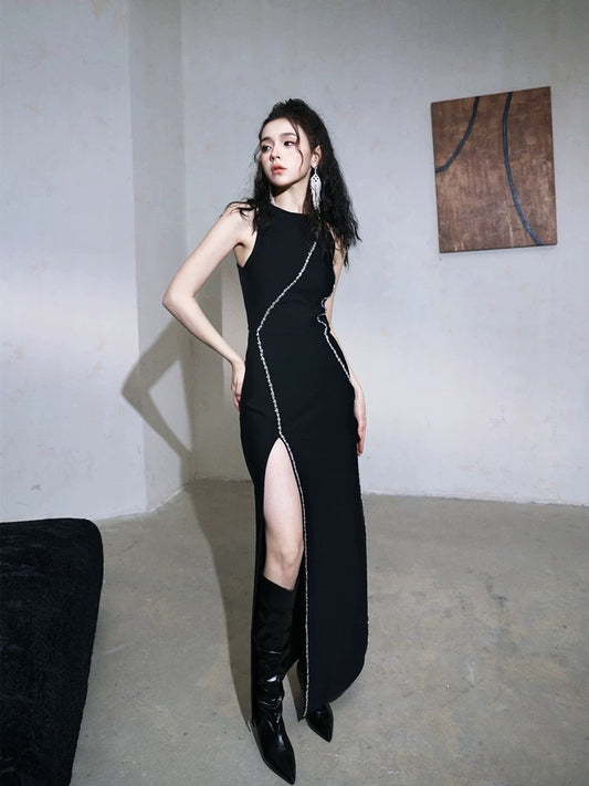 DOLLYTANG Duojia Heavy Industry Rhinestone Slit Hip Dress Showing Figure Little Black Dress Party Dress
