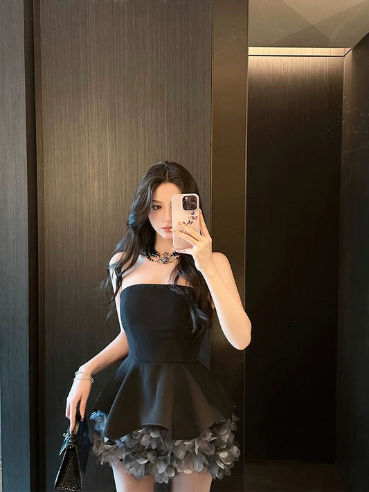 For Fay Black Swan Heavy tie-dye three-dimensional flower hem tube top dress for women with design and temperament dress