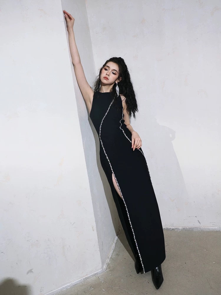DOLLYTANG Duojia Heavy Industry Rhinestone Slit Hip Dress Showing Figure Little Black Dress Party Dress