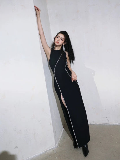 DOLLYTANG Duojia Heavy Industry Rhinestone Slit Hip Dress Showing Figure Little Black Dress Party Dress