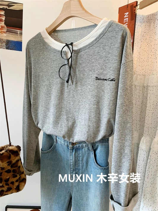 Korean style fake two-piece elderly loose casual thin long-sleeved women's bottoming shirt cotton autumn T-shirt