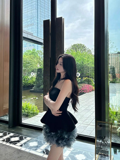 For Fay Black Swan Heavy tie-dye three-dimensional flower hem tube top dress for women with design and temperament dress