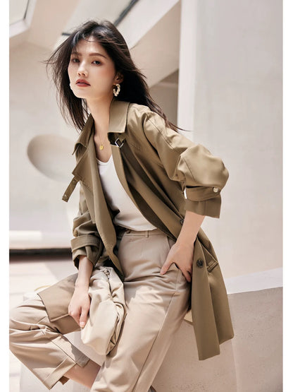 XWI/Xinwei Elegant Mid-Length Windbreaker Women's 2024 Autumn New Casual Commuting Double-breasted Jacket
