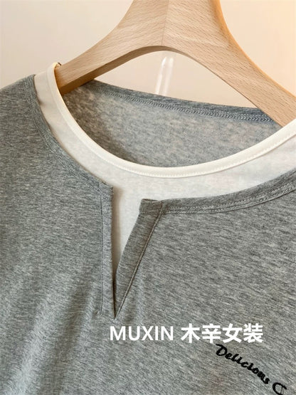 Korean style fake two-piece elderly loose casual thin long-sleeved women's bottoming shirt cotton autumn T-shirt