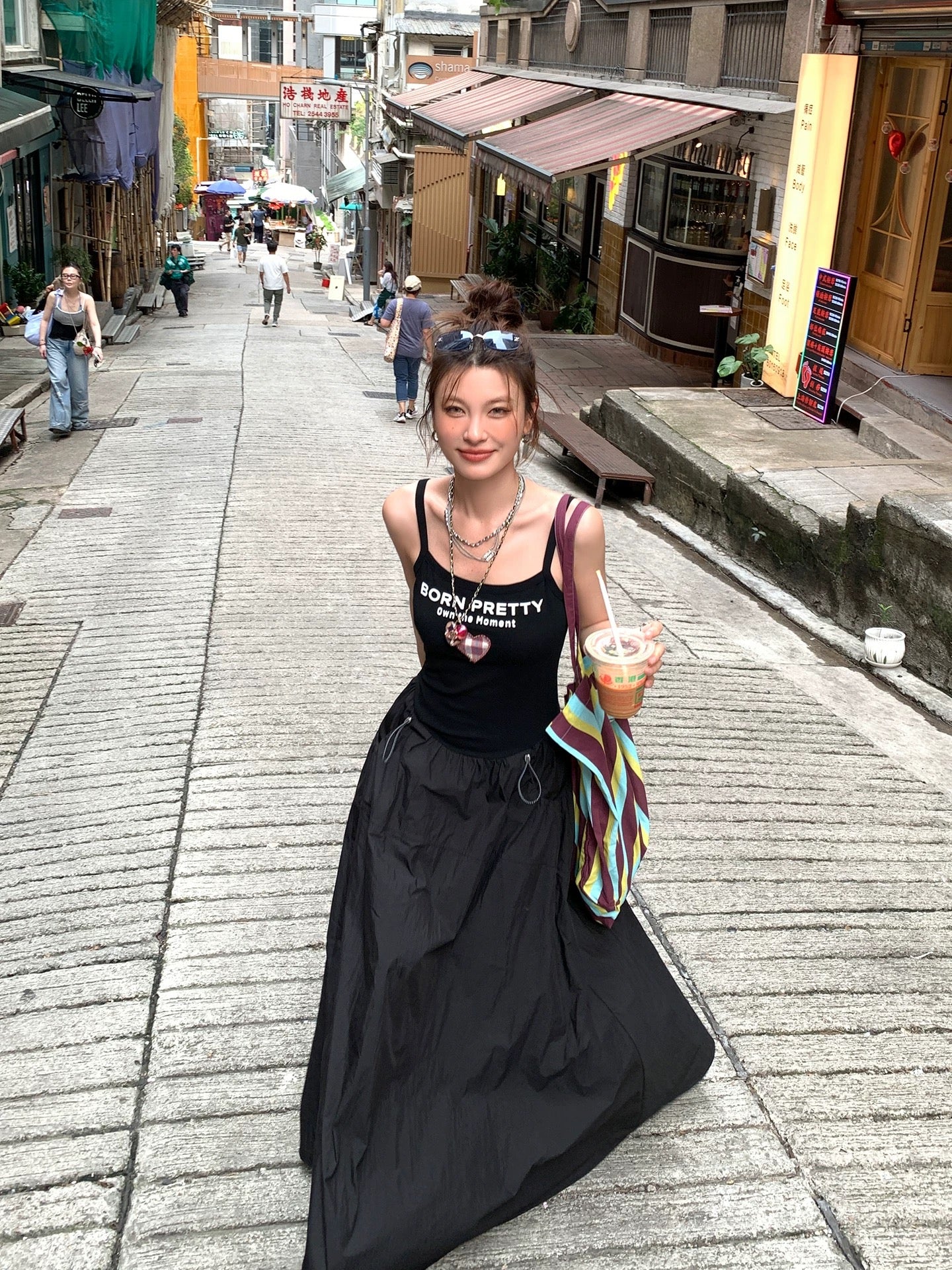 DULA Good Home Heartbeat Muse/Black Suspender Dress Women's Summer Waist Drawstring Puffy Umbrella Long Skirt