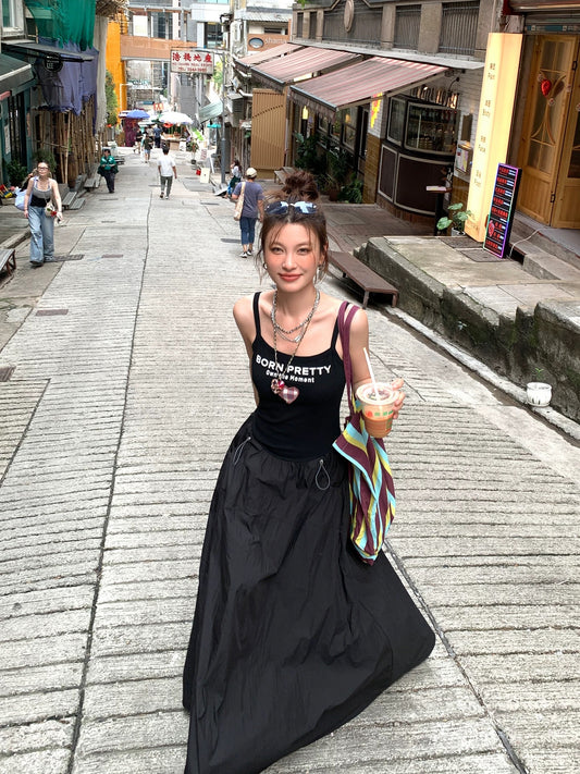 DULA Good Home Heartbeat Muse/Black Suspender Dress Women's Summer Waist Drawstring Puffy Umbrella Long Skirt