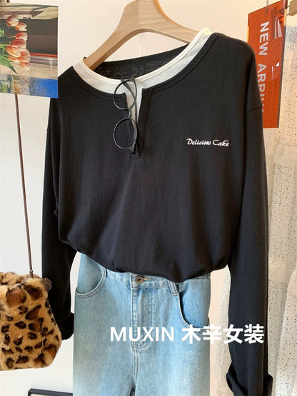 Korean style fake two-piece elderly loose casual thin long-sleeved women's bottoming shirt cotton autumn T-shirt
