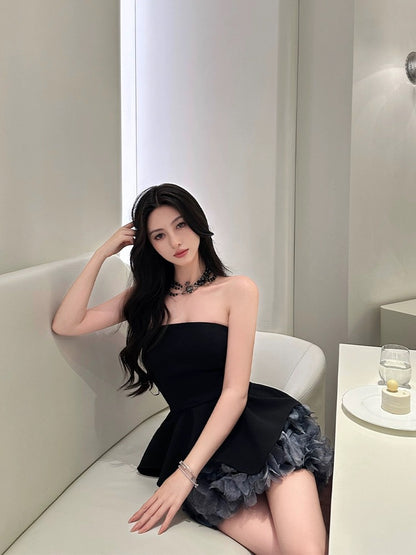 For Fay Black Swan Heavy tie-dye three-dimensional flower hem tube top dress for women with design and temperament dress