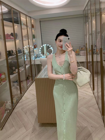 FPOH "Green Summer Dopamine" Stunning Knit Dress – Slim-Fit, Waist-Cinching, Unique Style (Won't Clash with Others) – Women's Summer Dress