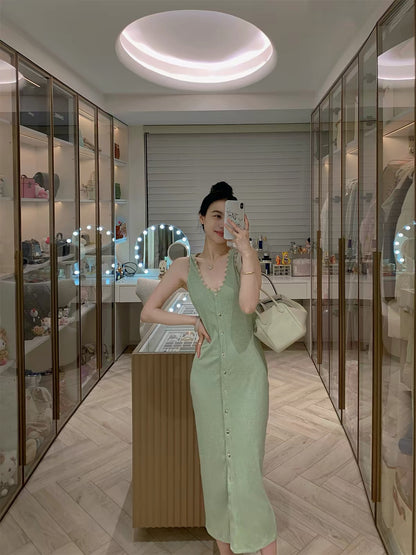FPOH "Green Summer Dopamine" Stunning Knit Dress – Slim-Fit, Waist-Cinching, Unique Style (Won't Clash with Others) – Women's Summer Dress