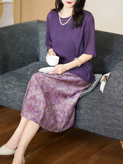 Diofu Mom Summer Dress 2024 New Comfortable, Versatile and Slim Real Two-Piece Purple Mid-Length Women's Dress