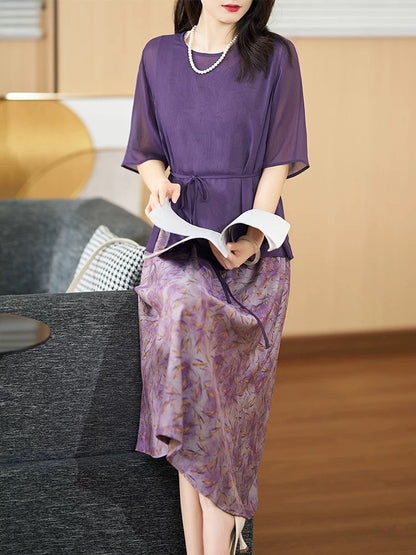 Diofu Mom Summer Dress 2024 New Comfortable, Versatile and Slim Real Two-Piece Purple Mid-Length Women's Dress