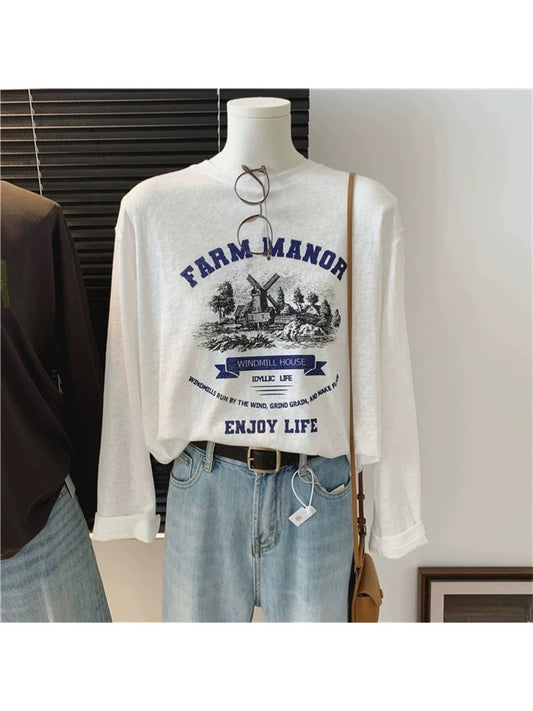 Windmill Castle Thin Snowflake Cotton Spring and Autumn Loose Casual Versatile Slim Long Sleeve Inner Wear Fashion Retro T-shirt