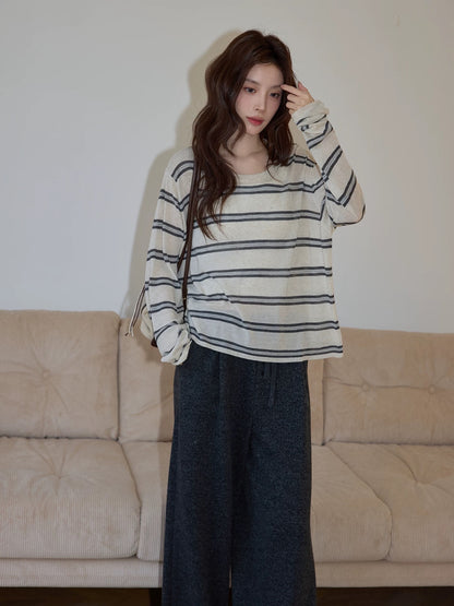 Chaochao's Apricot Round Neck Striped Knit Sweater for Women, 2026 Early Spring, Lazy Loose Casual Thin Long-Sleeved Top