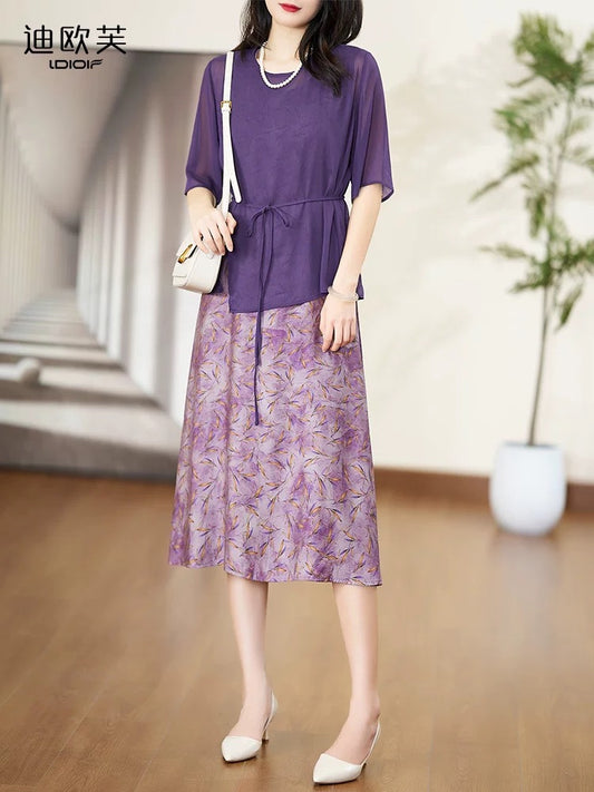 Diofu Mom Summer Dress 2024 New Comfortable, Versatile and Slim Real Two-Piece Purple Mid-Length Women's Dress