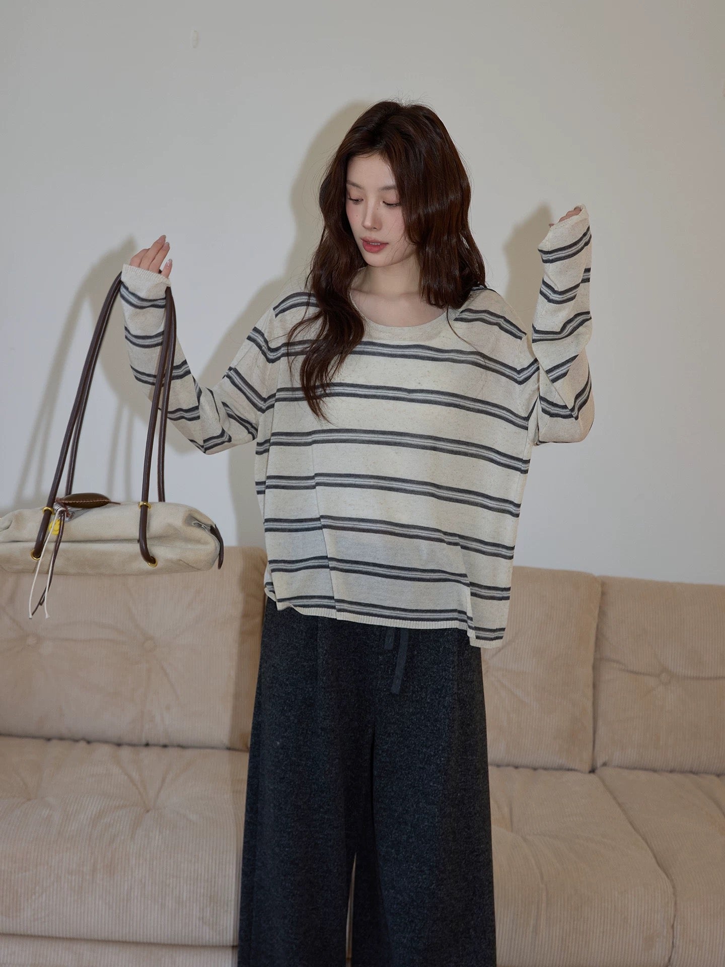 Chaochao's Apricot Round Neck Striped Knit Sweater for Women, 2026 Early Spring, Lazy Loose Casual Thin Long-Sleeved Top