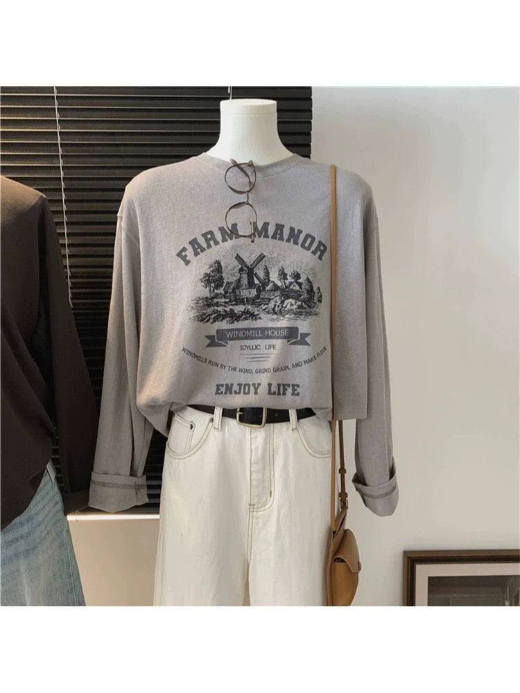 Windmill Castle Thin Snowflake Cotton Spring and Autumn Loose Casual Versatile Slim Long Sleeve Inner Wear Fashion Retro T-shirt