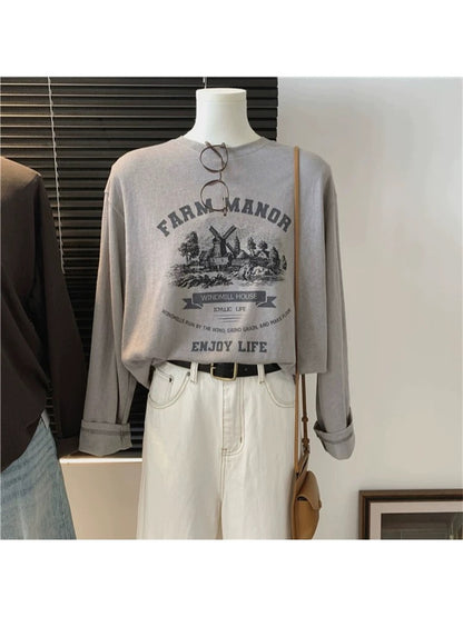 Windmill Castle Thin Snowflake Cotton Spring and Autumn Loose Casual Versatile Slim Long Sleeve Inner Wear Fashion Retro T-shirt
