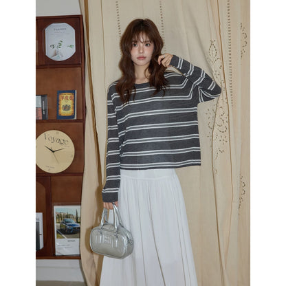 Chaochao's Apricot Round Neck Striped Knit Sweater for Women, 2026 Early Spring, Lazy Loose Casual Thin Long-Sleeved Top